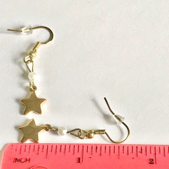 Pearl Star Earrings Gold Plated Dainty Dangle White Glass Bead Stars - Picture 7 of 7